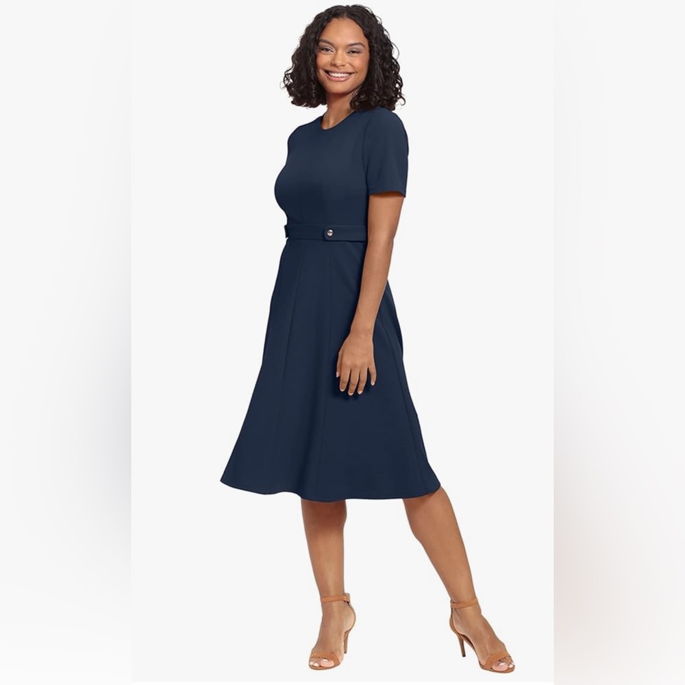 Petite Fit & Flare Scuba Crepe Midi Dress Color: Nvy Blazer Size 14P - Picture 2 of 5